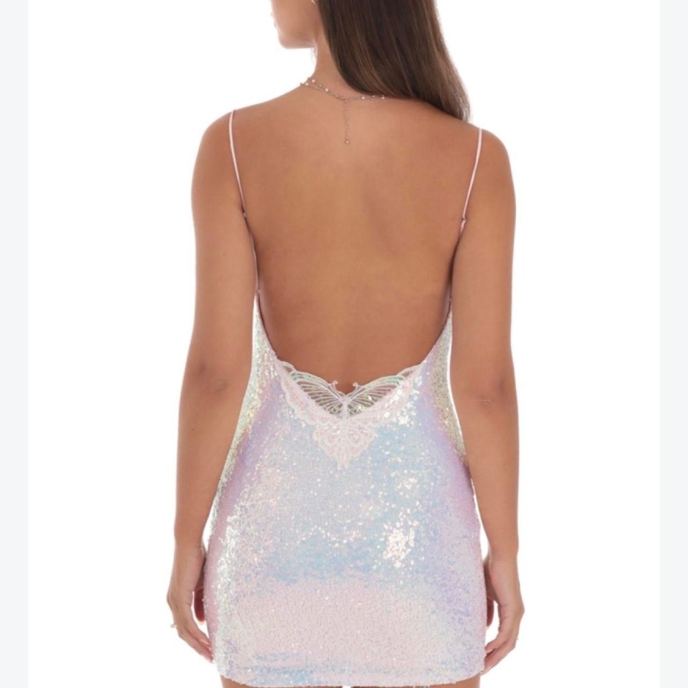 Homecoming Mini dress "Lucy in the Sky" Iridescent White Sequins LG Butterfly - Picture 3 of 8